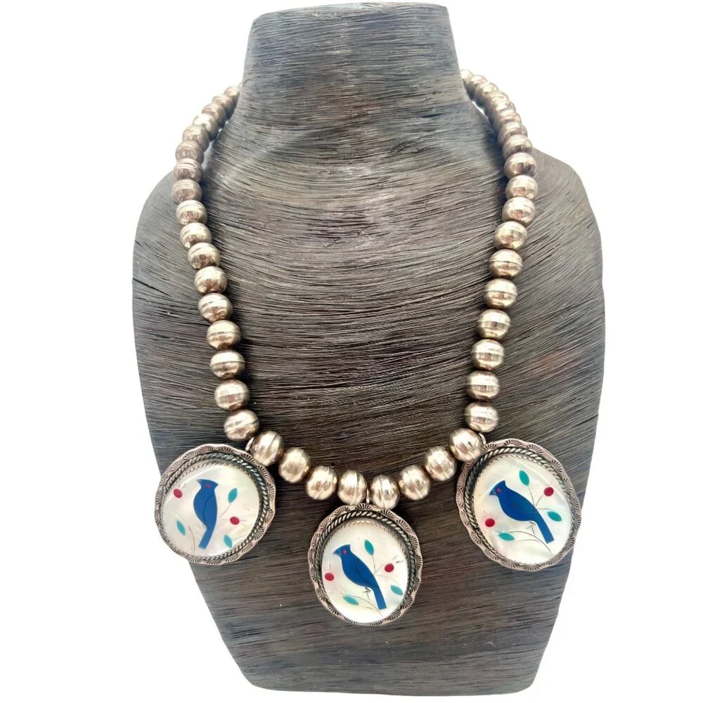Vintage/Antique Native American Zuni Necklace Blue Bird Sterling Silver Bead - Picture 2 of 10